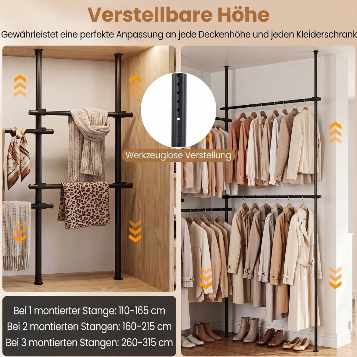 Teleskopstange Kleiderständer Höhen- und Breitenverstellbar Kleiderständer aus Metall mit 6 Stange
