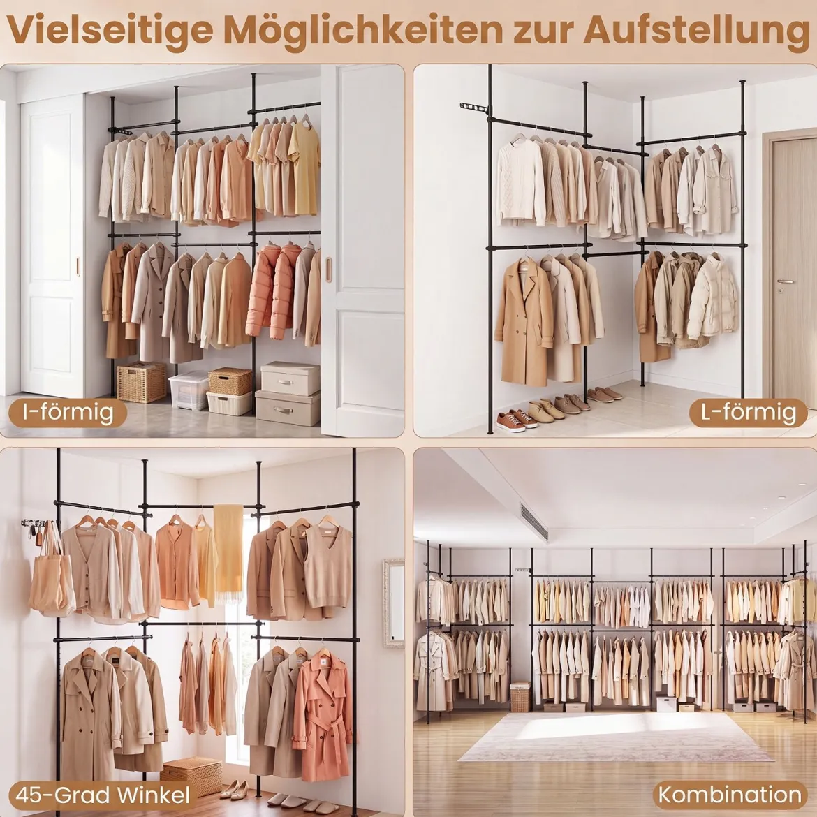Teleskopstange Kleiderständer Höhen- und Breitenverstellbar Kleiderständer aus Metall mit 6 Stange