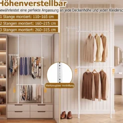 Teleskopstange Kleiderständer Höhen- und Breitenverstellbar Kleiderständer aus Metall mit 2 Stange