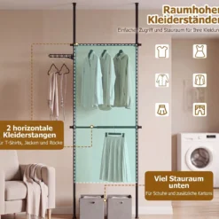 Teleskopstange Kleiderständer Höhen- und Breitenverstellbar Kleiderständer aus Metall mit 2 Stange