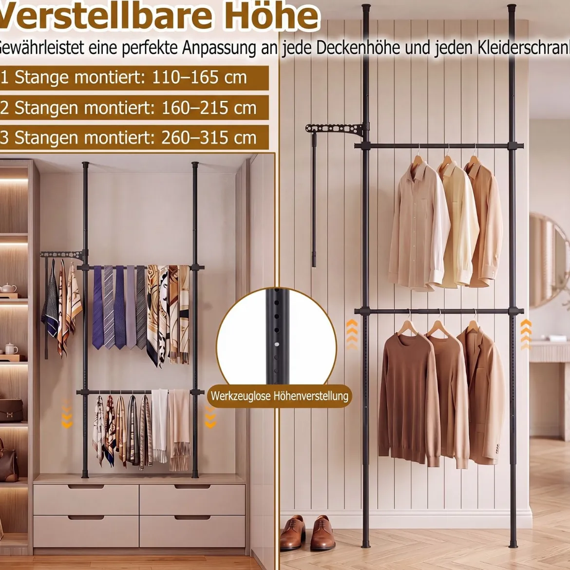Teleskopstange Kleiderständer Höhen- und Breitenverstellbar Kleiderständer aus Metall mit 2 Stange