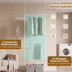 Teleskopstange Kleiderständer Höhen- und Breitenverstellbar Kleiderständer aus Metall mit 2 Stange