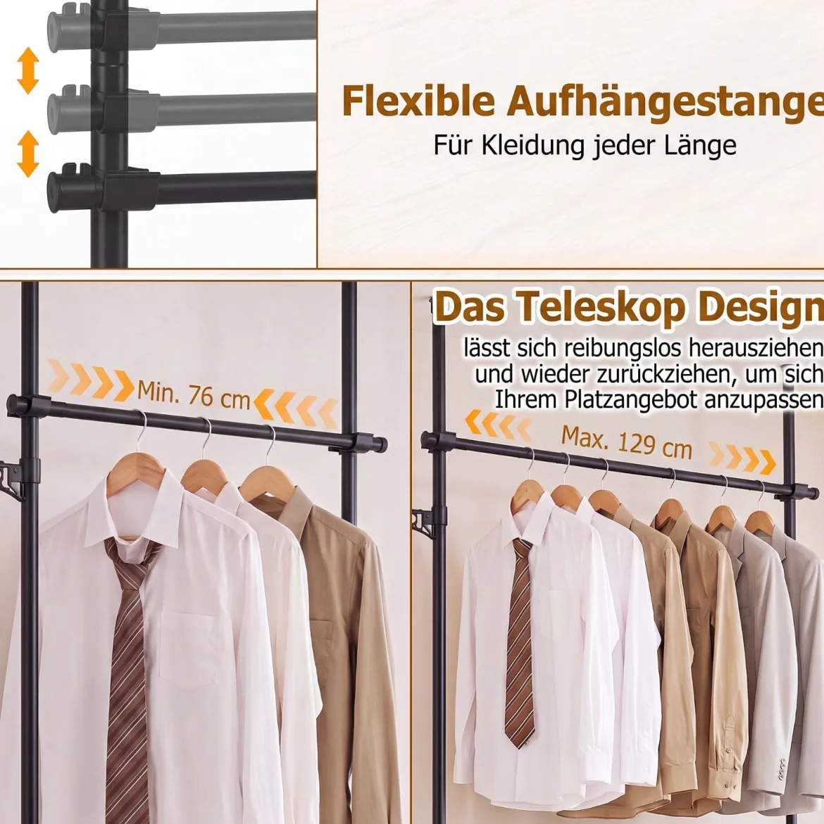 Teleskopstange Kleiderständer Höhen- und Breitenverstellbar Kleiderständer aus Metall mit 2 Stange