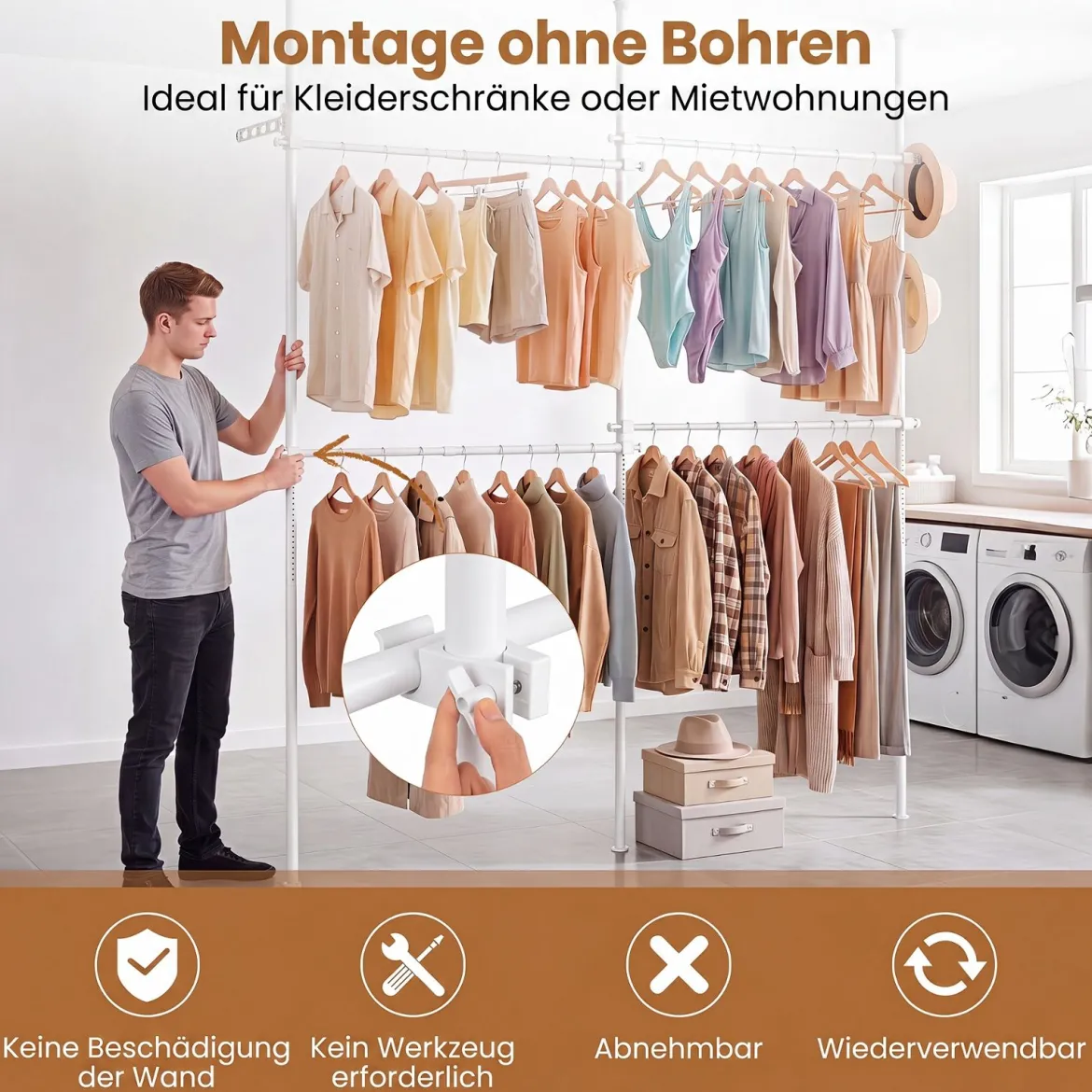 Teleskopstange Kleiderständer Höhen- und Breitenverstellbar Kleiderständer aus Metall mit 4 Stange