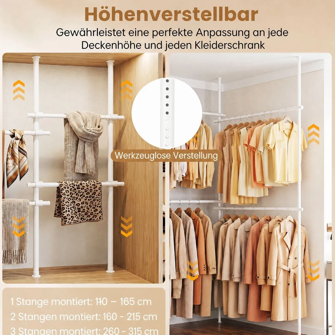 Teleskopstange Kleiderständer Höhen- und Breitenverstellbar Kleiderständer aus Metall mit 4 Stange