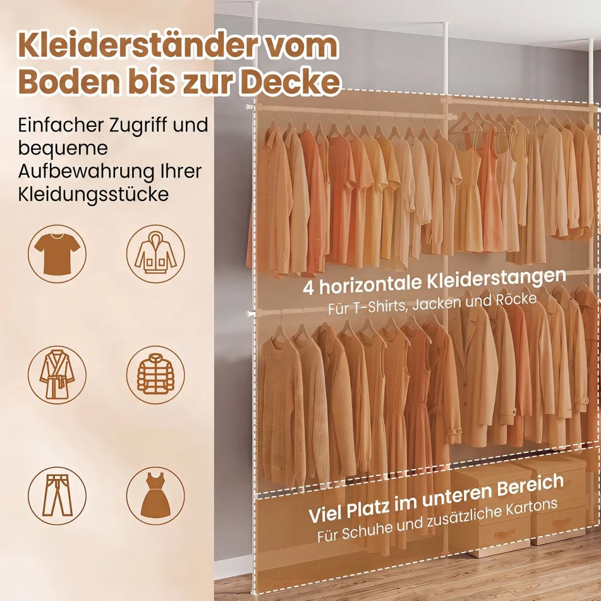 Teleskopstange Kleiderständer Höhen- und Breitenverstellbar Kleiderständer aus Metall mit 4 Stange