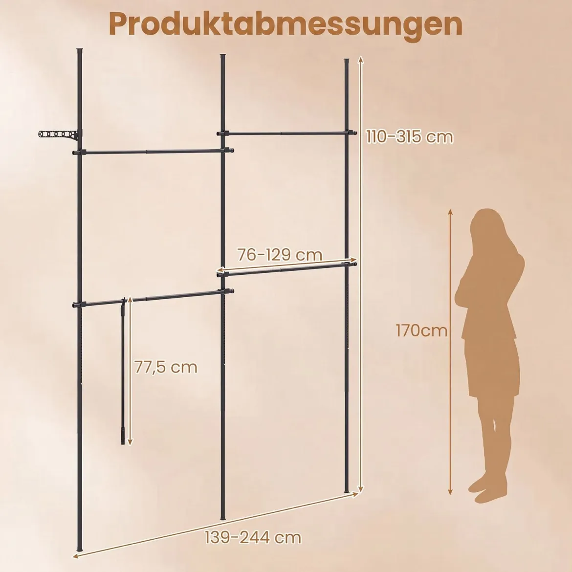 Teleskopstange Kleiderständer Höhen- und Breitenverstellbar Kleiderständer aus Metall mit 4 Stange