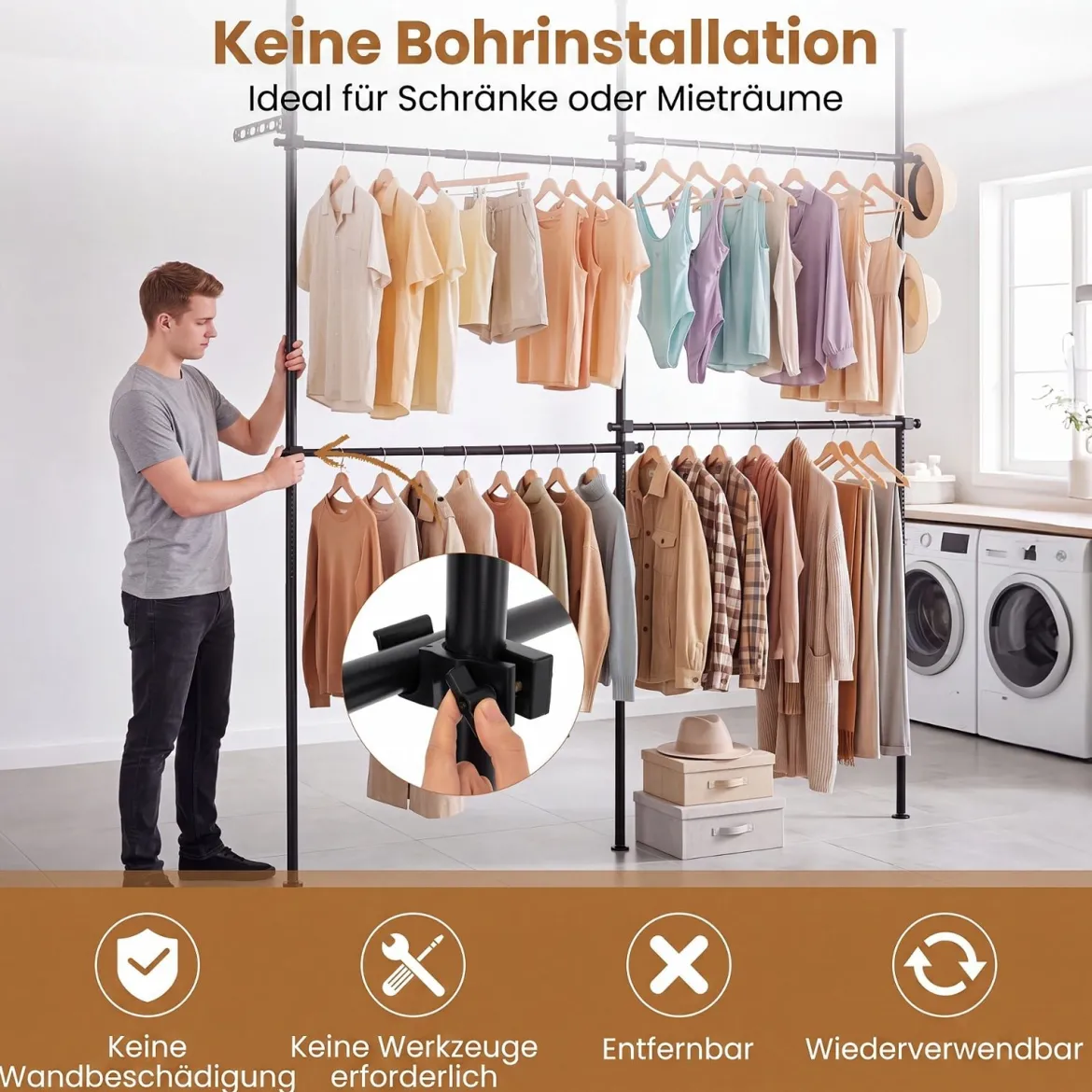 Teleskopstange Kleiderständer Höhen- und Breitenverstellbar Kleiderständer aus Metall mit 4 Stange