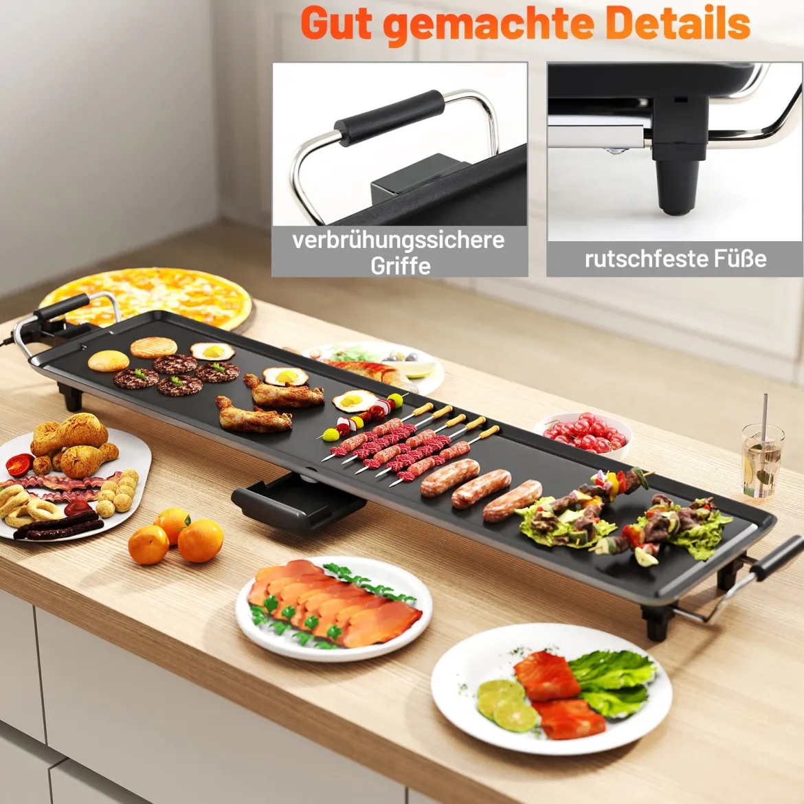 Teppanyaki Grill 1800W Elektrische Grillplatte Antihaft Tischgrill mit Einstellbarer Temperatur Thermostat und Fettauffangschale 90cm