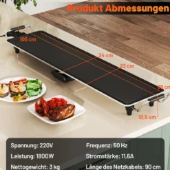Teppanyaki Grill 1800W Elektrische Grillplatte Antihaft Tischgrill mit Einstellbarer Temperatur Thermostat und Fettauffangschale 90cm