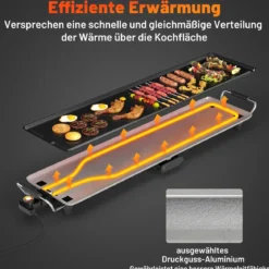 Teppanyaki Grill 1800W Elektrische Grillplatte Antihaft Tischgrill mit Einstellbarer Temperatur Thermostat und Fettauffangschale 90cm