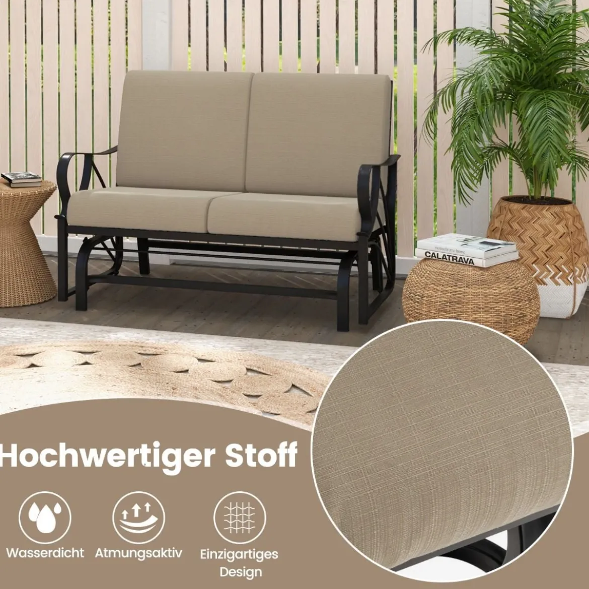 Terrassenbank mit Kissen gespritztem Metallrahmengebogenen Armlehnen ergonomischem Design Braun