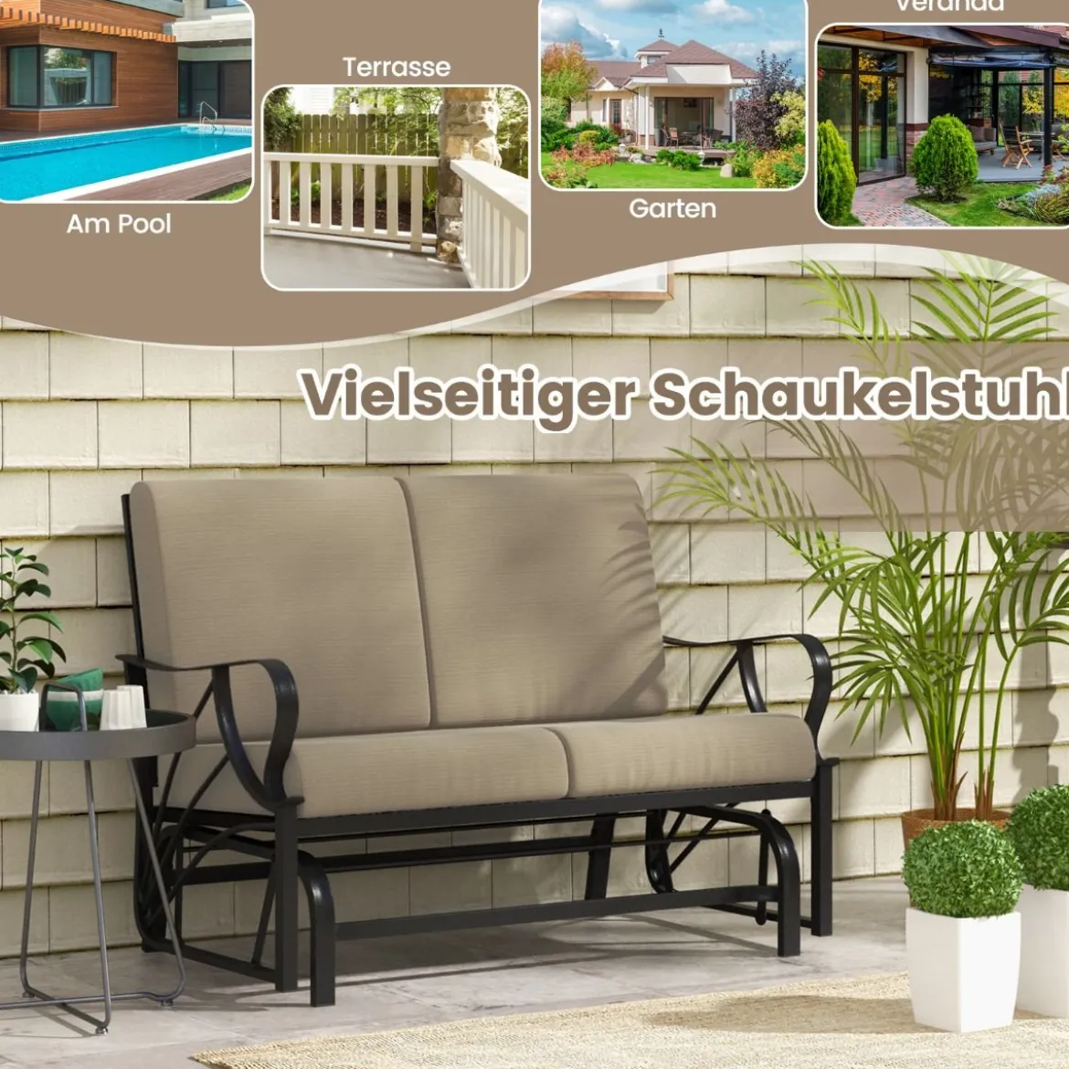 Terrassenbank mit Kissen gespritztem Metallrahmengebogenen Armlehnen ergonomischem Design Braun