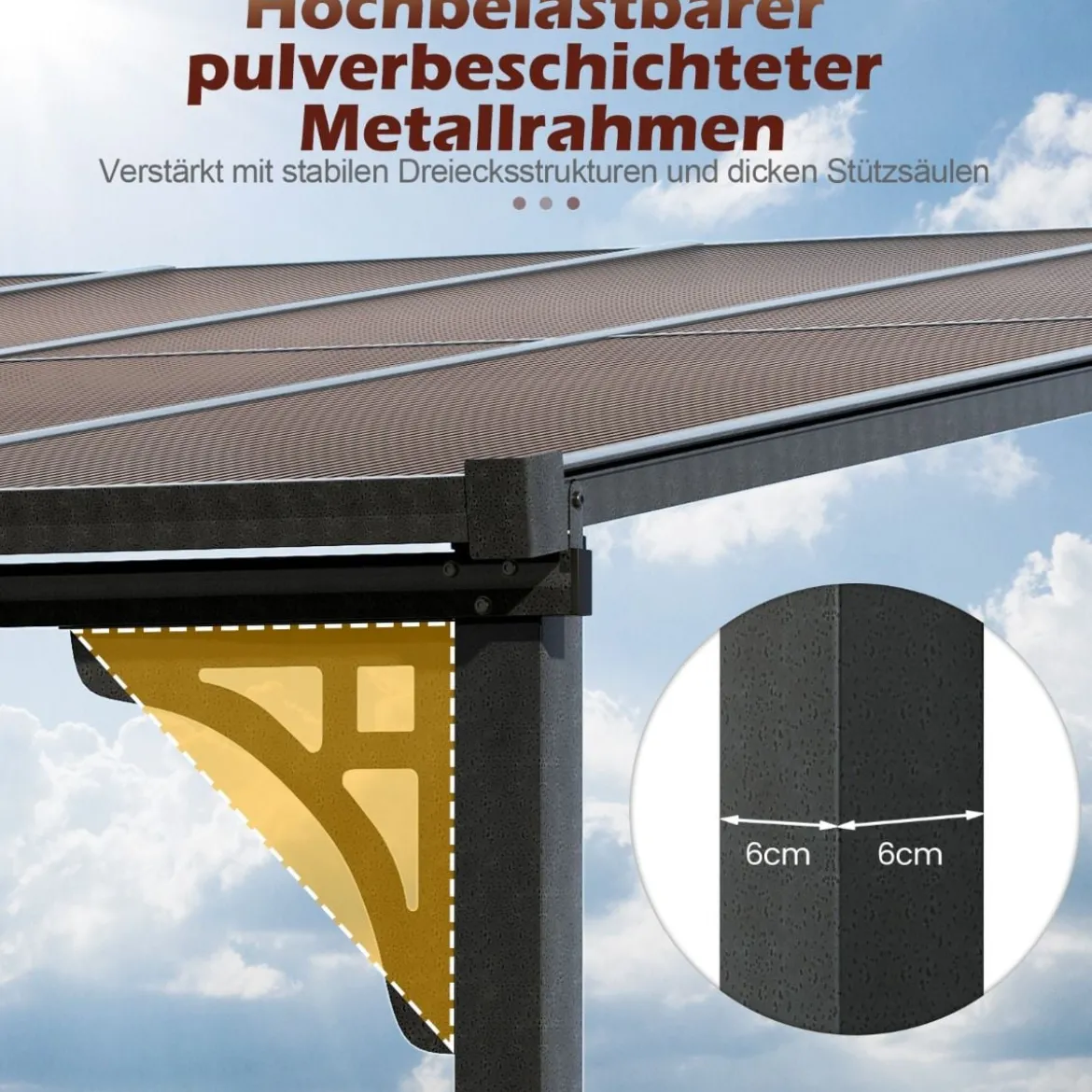 Terrassenüberdachung 3 x 4 m Pergola mit schrägen Polycarbonat-Dach freistehendes Terrassendach zur Wandmontage Pavillon für Terrasse