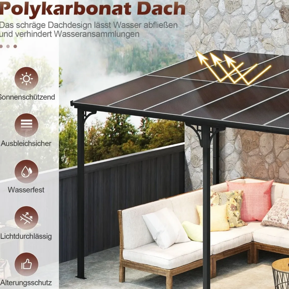 Terrassenüberdachung 3 x 4 m Pergola mit schrägen Polycarbonat-Dach freistehendes Terrassendach zur Wandmontage Pavillon für Terrasse