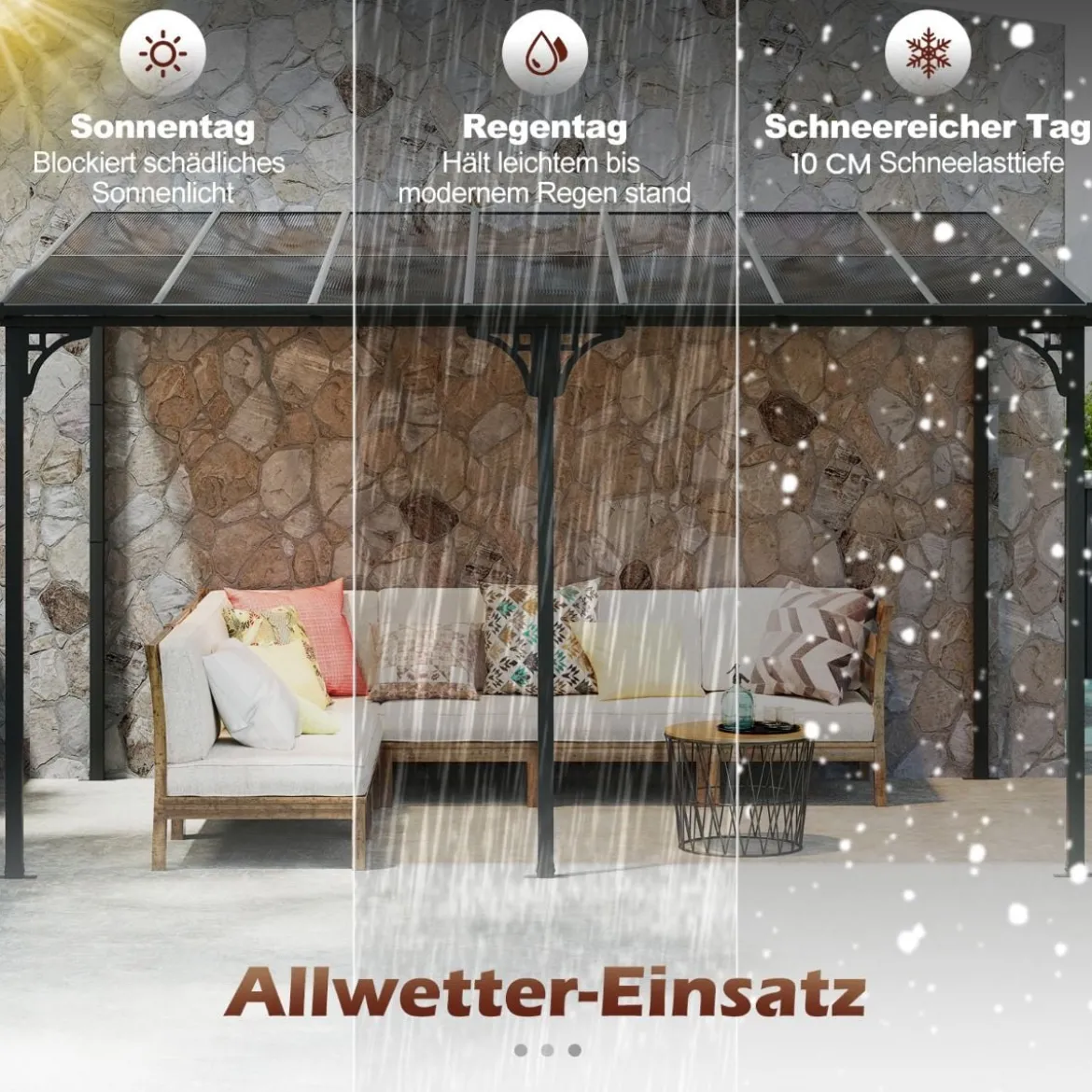 Terrassenüberdachung 3 x 4 m Pergola mit schrägen Polycarbonat-Dach freistehendes Terrassendach zur Wandmontage Pavillon für Terrasse