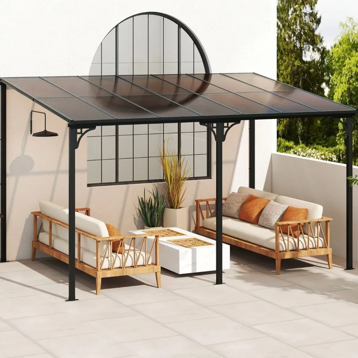 Terrassenüberdachung 3 x 4 m Pergola mit schrägen Polycarbonat-Dach freistehendes Terrassendach zur Wandmontage Pavillon für Terrasse