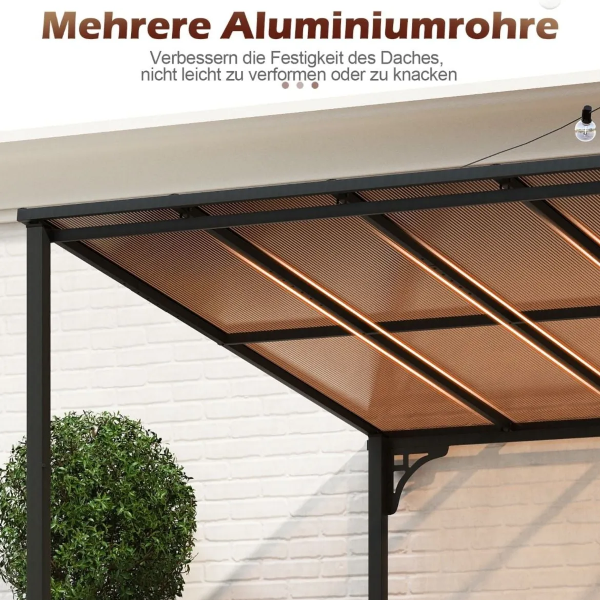 Terrassenüberdachung 3 x 4 m Pergola mit schrägen Polycarbonat-Dach freistehendes Terrassendach zur Wandmontage Pavillon für Terrasse
