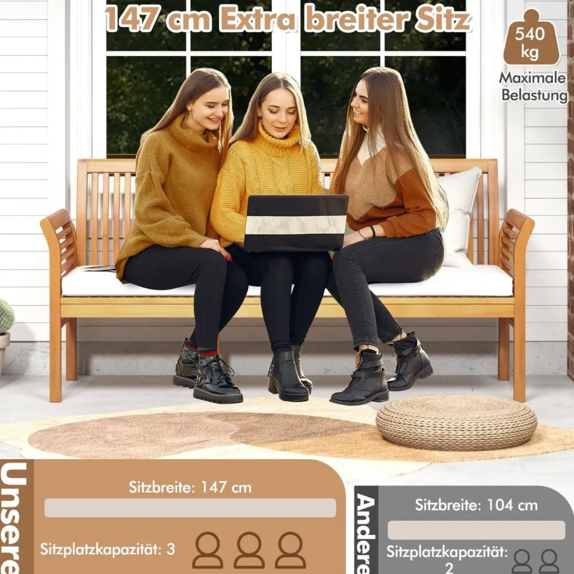 Terrassenholzbank mit Weichen Sitzkissen & Ergonomischer Rückenlehne Outdoor-Bank