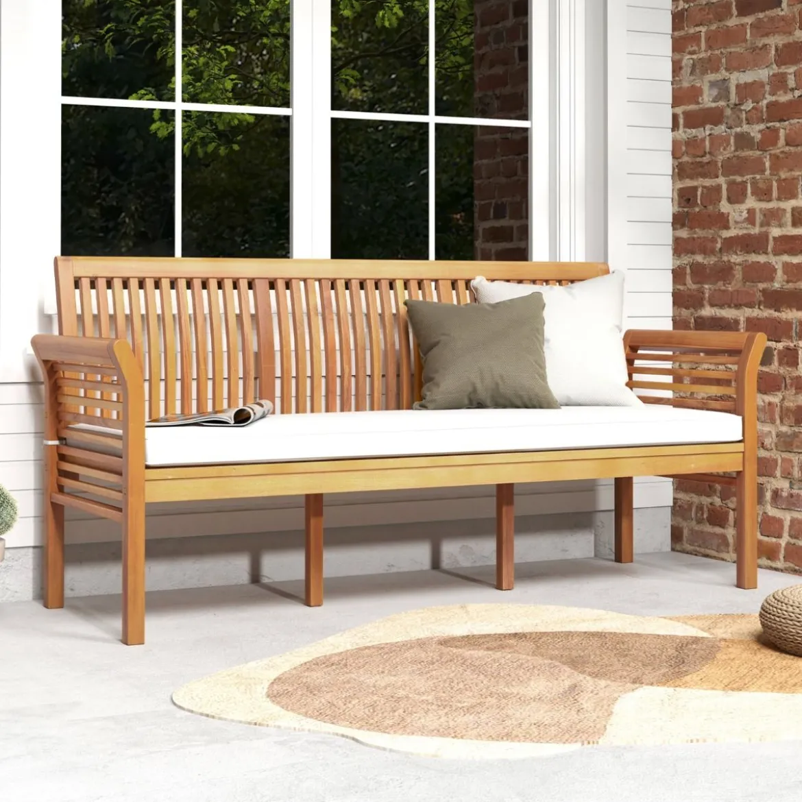 Terrassenholzbank mit Weichen Sitzkissen & Ergonomischer Rückenlehne Outdoor-Bank