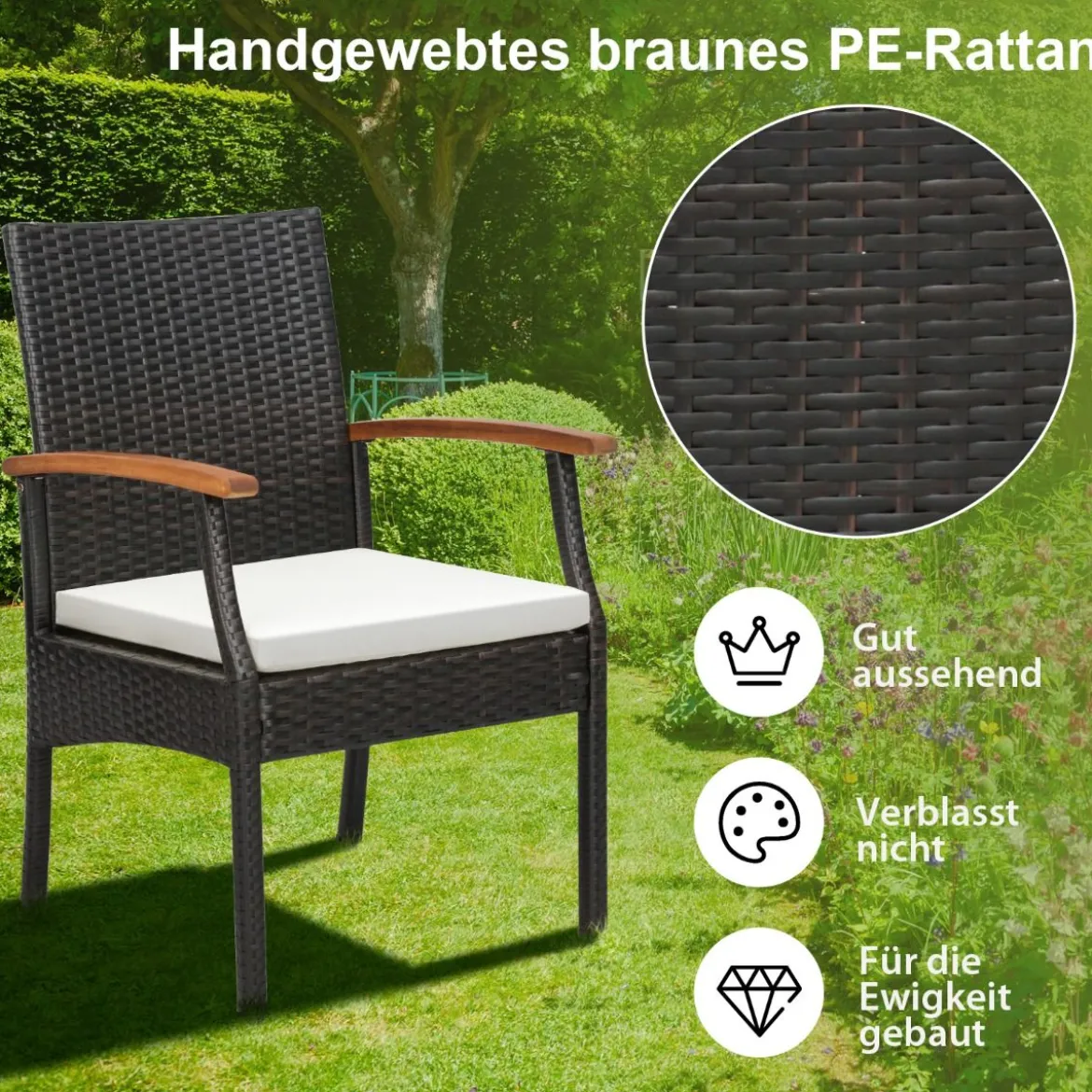 Terrassen-Korbstühle im 2er-Set aus PE-Rattan mit weichem Kissen + Reißverschluss