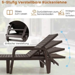 Terrassenliege aus PP Outdoor-Gartenliege mit 5-Fach Verstellbarer Rückenlehne Kaffee