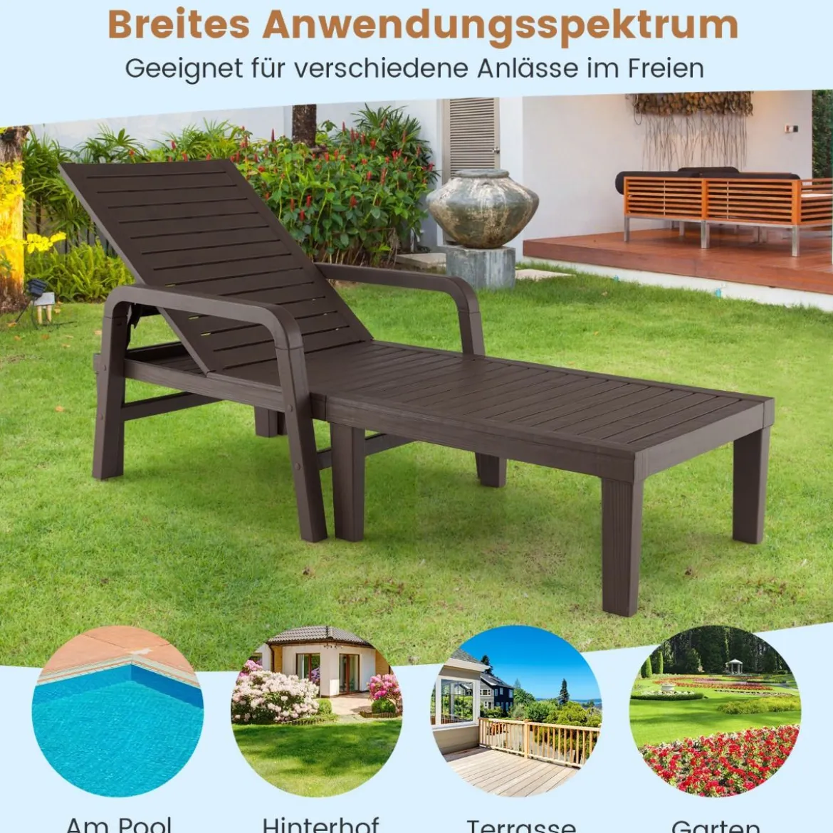Terrassenliege aus PP Outdoor-Gartenliege mit 5-Fach Verstellbarer Rückenlehne Kaffee