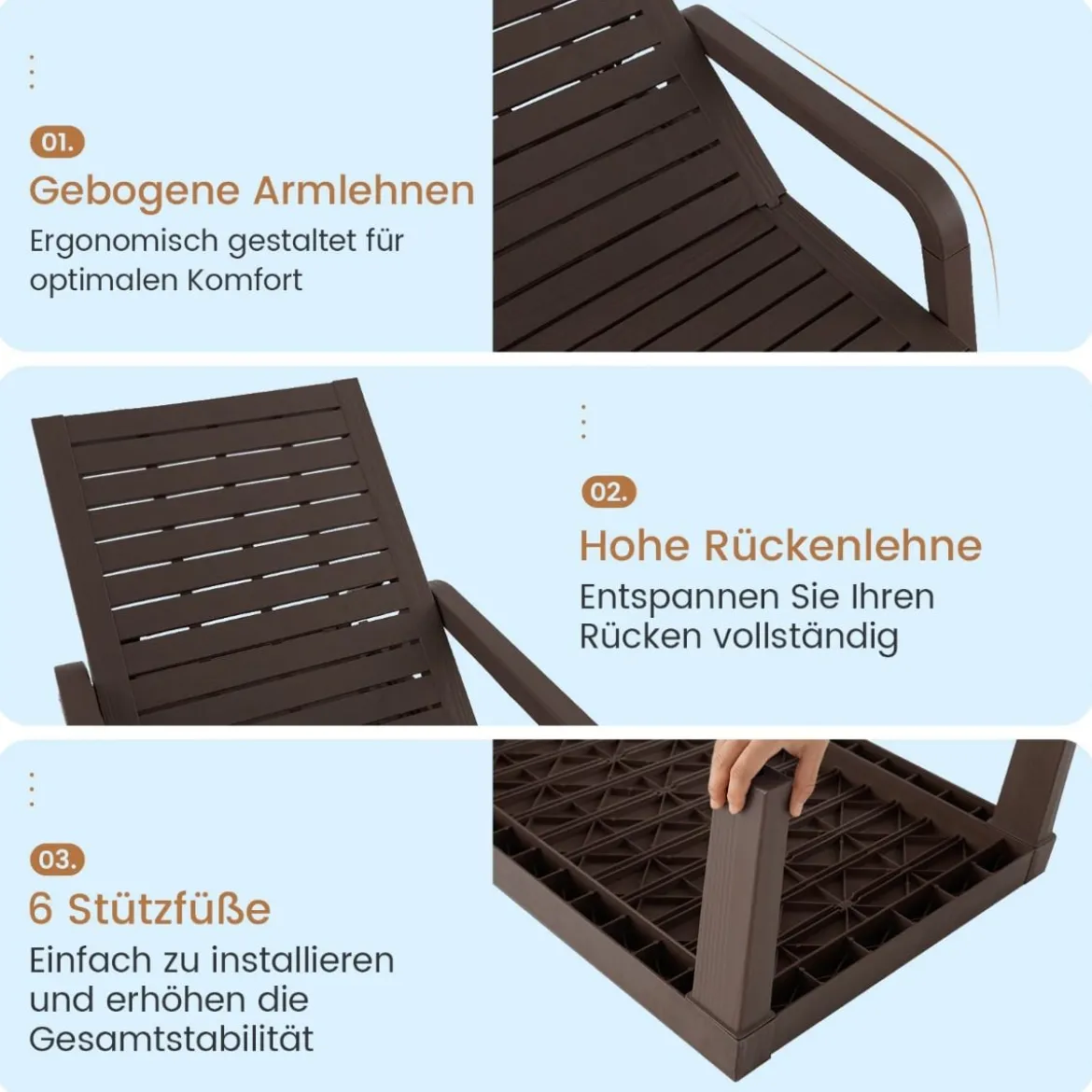 Terrassenliege aus PP Outdoor-Gartenliege mit 5-Fach Verstellbarer Rückenlehne Kaffee