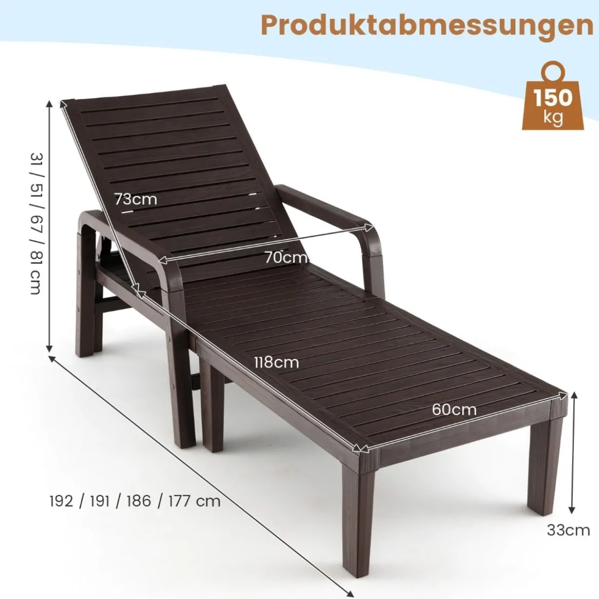 Terrassenliege aus PP Outdoor-Gartenliege mit 5-Fach Verstellbarer Rückenlehne Kaffee