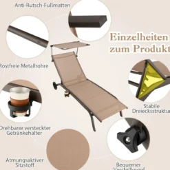 Terrassenliege Outdoor-Liegestuhl mit Rädern Strandliege aus Metall Braun