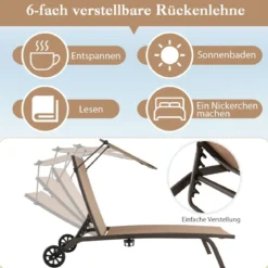 Terrassenliege Outdoor-Liegestuhl mit Rädern Strandliege aus Metall Braun