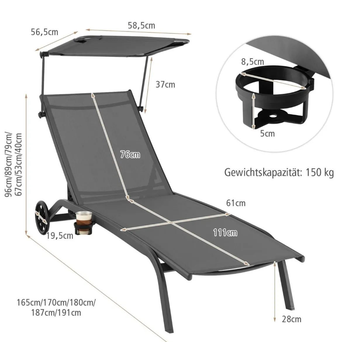 Terrassenliege Outdoor-Liegestuhl mit Rädern Strandliege aus Metall Grau