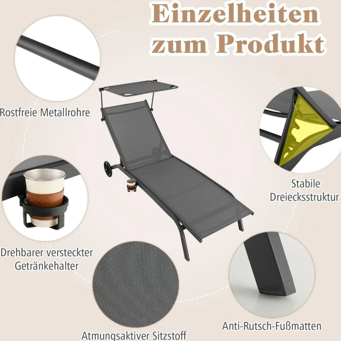 Terrassenliege Outdoor-Liegestuhl mit Rädern Strandliege aus Metall Grau
