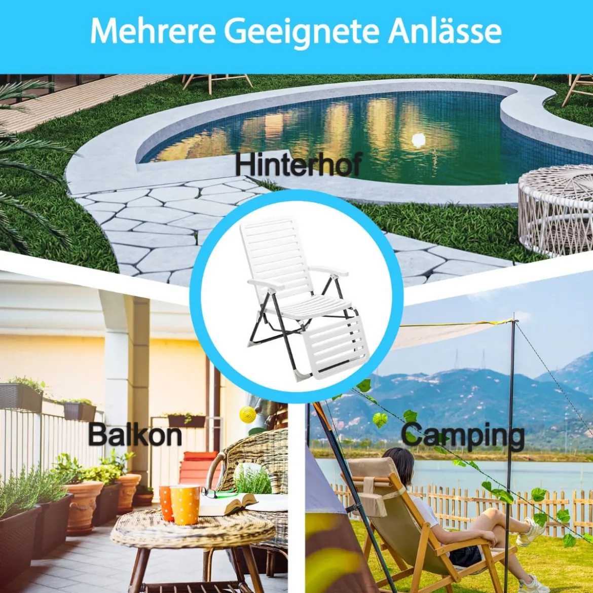 Terrassenliegestuhl mit Fußstütze Klappbarer Liegestuhl Weiß