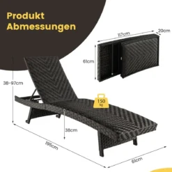 Terrassen-Liegestuhl Rattan-Liegestuhl mit 5-stufig verstellbarer Rückenlehne 195 x 61 x 38-97 cm Mix Braun