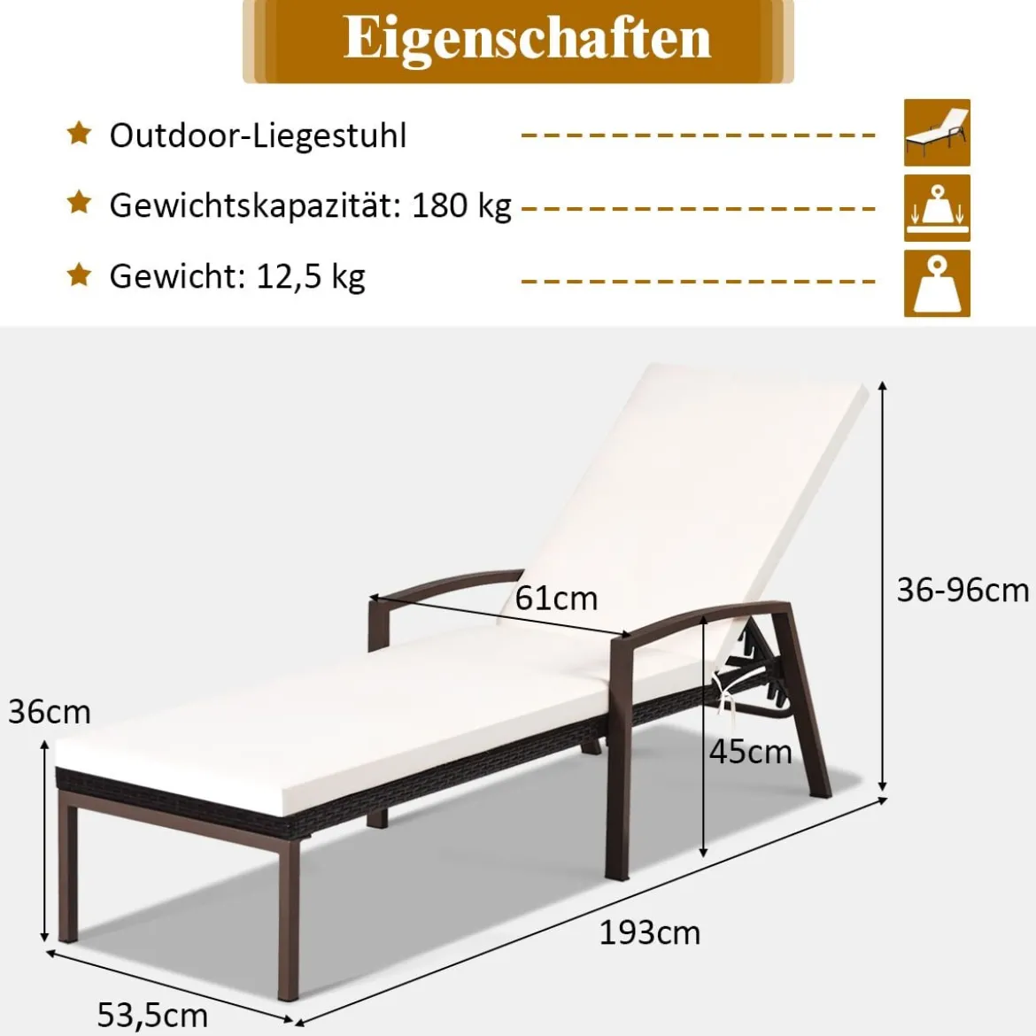 Terrassen-Rattanliege Outdoor-Liege mit Kissen und Armlehne mit verstellbarer Rückenlehne Weiß + Braun