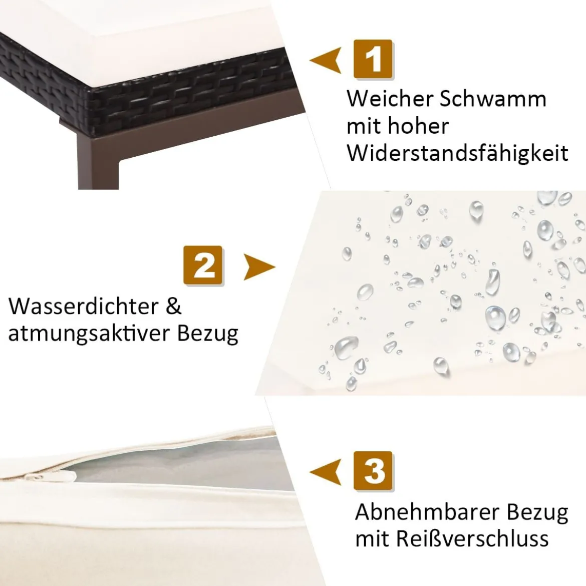 Terrassen-Rattanliege Outdoor-Liege mit Kissen und Armlehne mit verstellbarer Rückenlehne Weiß + Braun