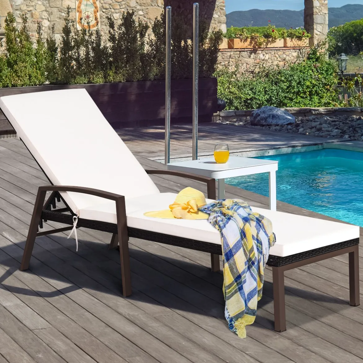 Terrassen-Rattanliege Outdoor-Liege mit Kissen und Armlehne mit verstellbarer Rückenlehne Weiß + Braun