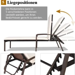 Terrassen-Rattanliege Outdoor-Liege mit Kissen und Armlehne mit verstellbarer Rückenlehne Weiß + Braun
