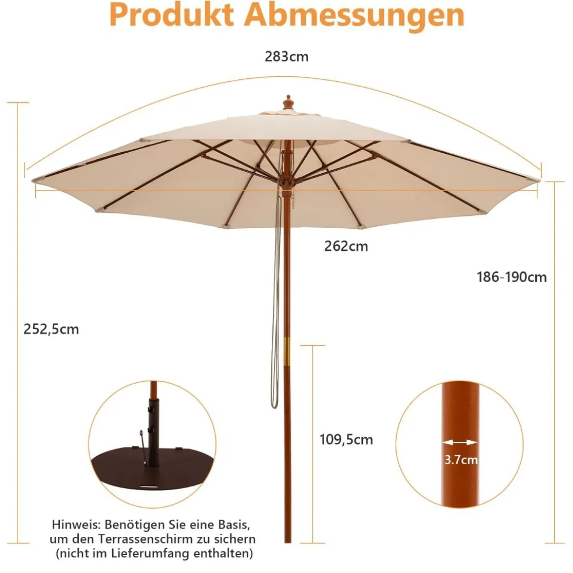 Terrassenschirm Marktschirm aus Holz mit Seilzugmechanismus 283 x 252,5 cm Beige