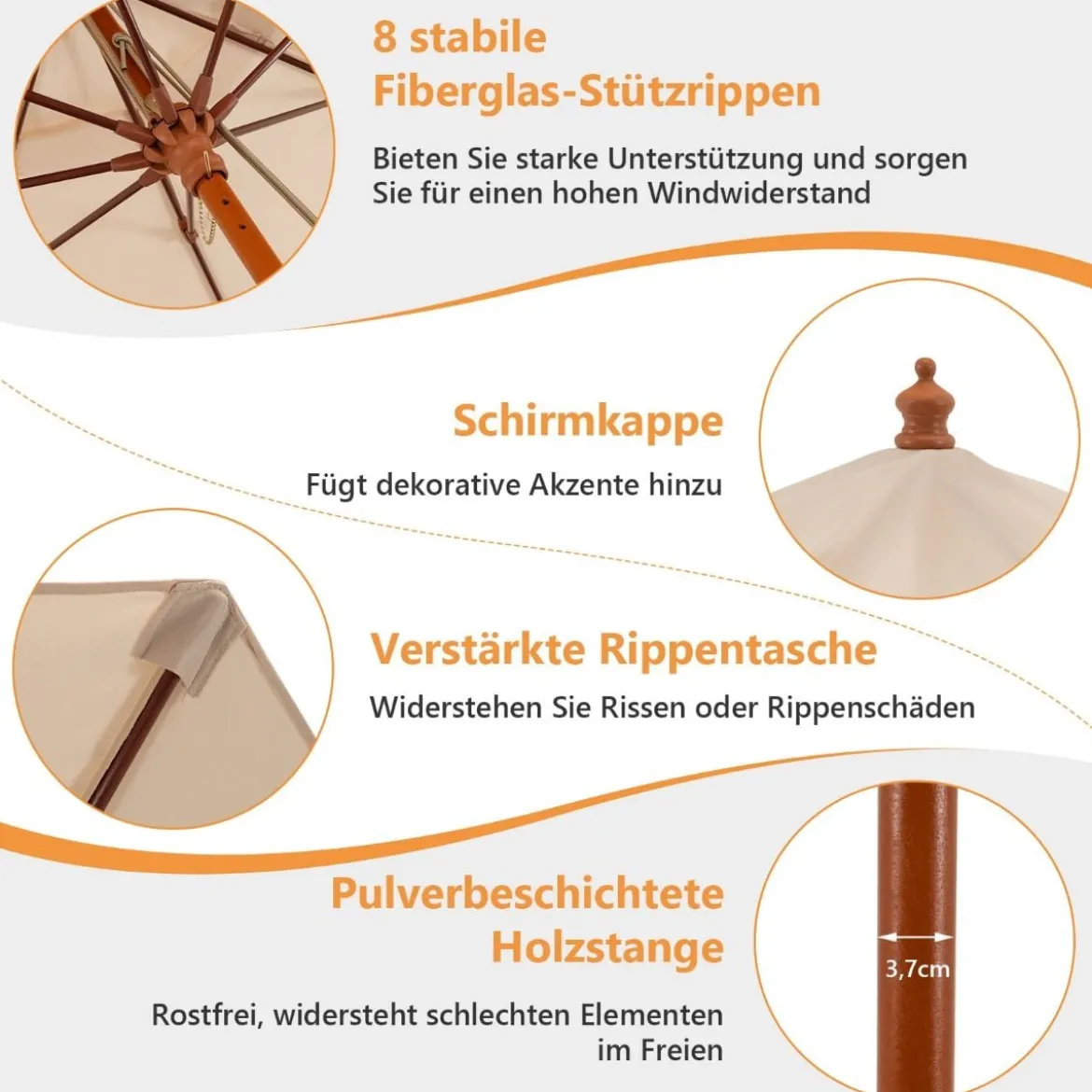 Terrassenschirm Marktschirm aus Holz mit Seilzugmechanismus 283 x 252,5 cm Beige