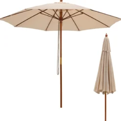Terrassenschirm Marktschirm aus Holz mit Seilzugmechanismus 283 x 252,5 cm Beige