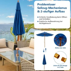 Terrassenschirm Marktschirm aus Holz mit Seilzugmechanismus 283 x 252,5 cm Blau
