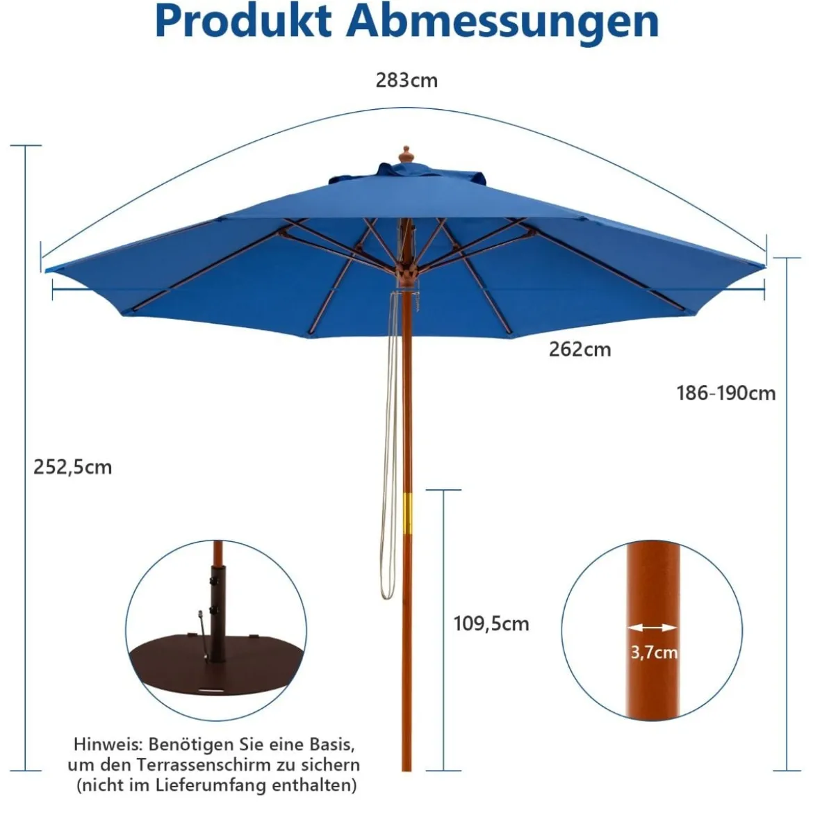 Terrassenschirm Marktschirm aus Holz mit Seilzugmechanismus 283 x 252,5 cm Blau