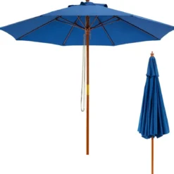 Terrassenschirm Marktschirm aus Holz mit Seilzugmechanismus 283 x 252,5 cm Blau