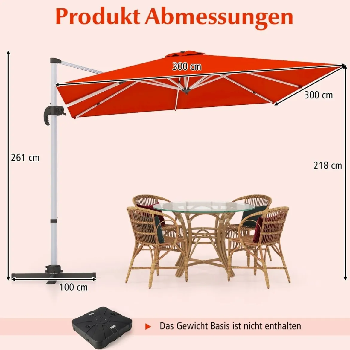 Terrassenschirm mit Kreuzfuß & 360° Drehung für Garten und Poolbereiche 300 x 300 x 261 cm Burgund