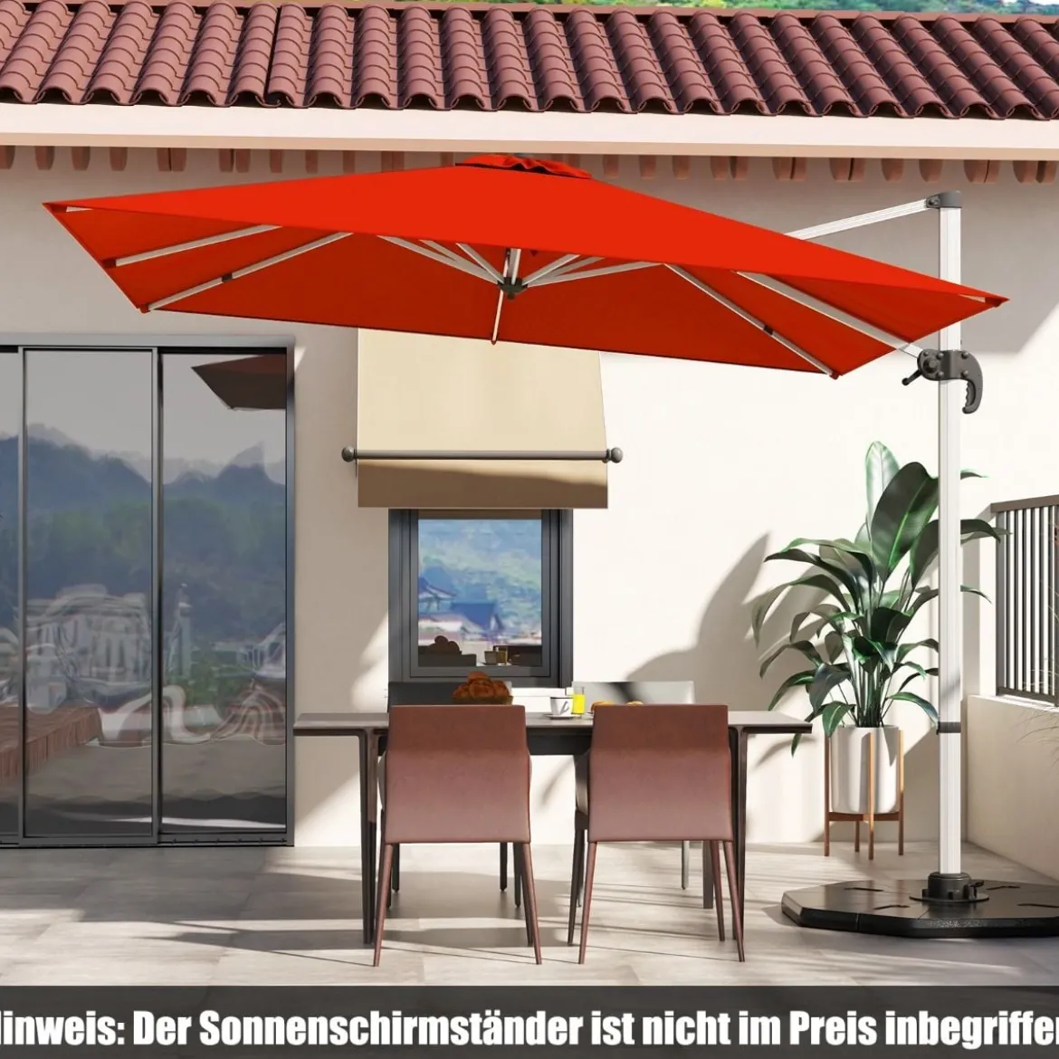 Terrassenschirm mit Kreuzfuß & 360° Drehung für Garten und Poolbereiche 300 x 300 x 261 cm Burgund