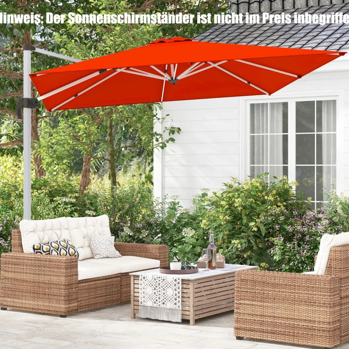 Terrassenschirm mit Kreuzfuß & 360° Drehung für Garten und Poolbereiche 300 x 300 x 261 cm Burgund