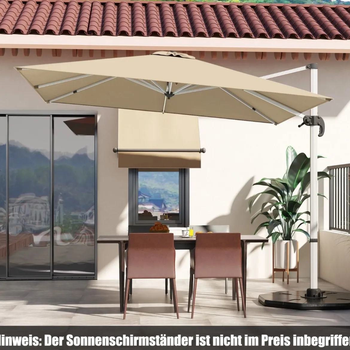 Terrassenschirm mit Kreuzfuß & Aluminiummast & 360° Drehung 295 x 295 x 272 cm Beige