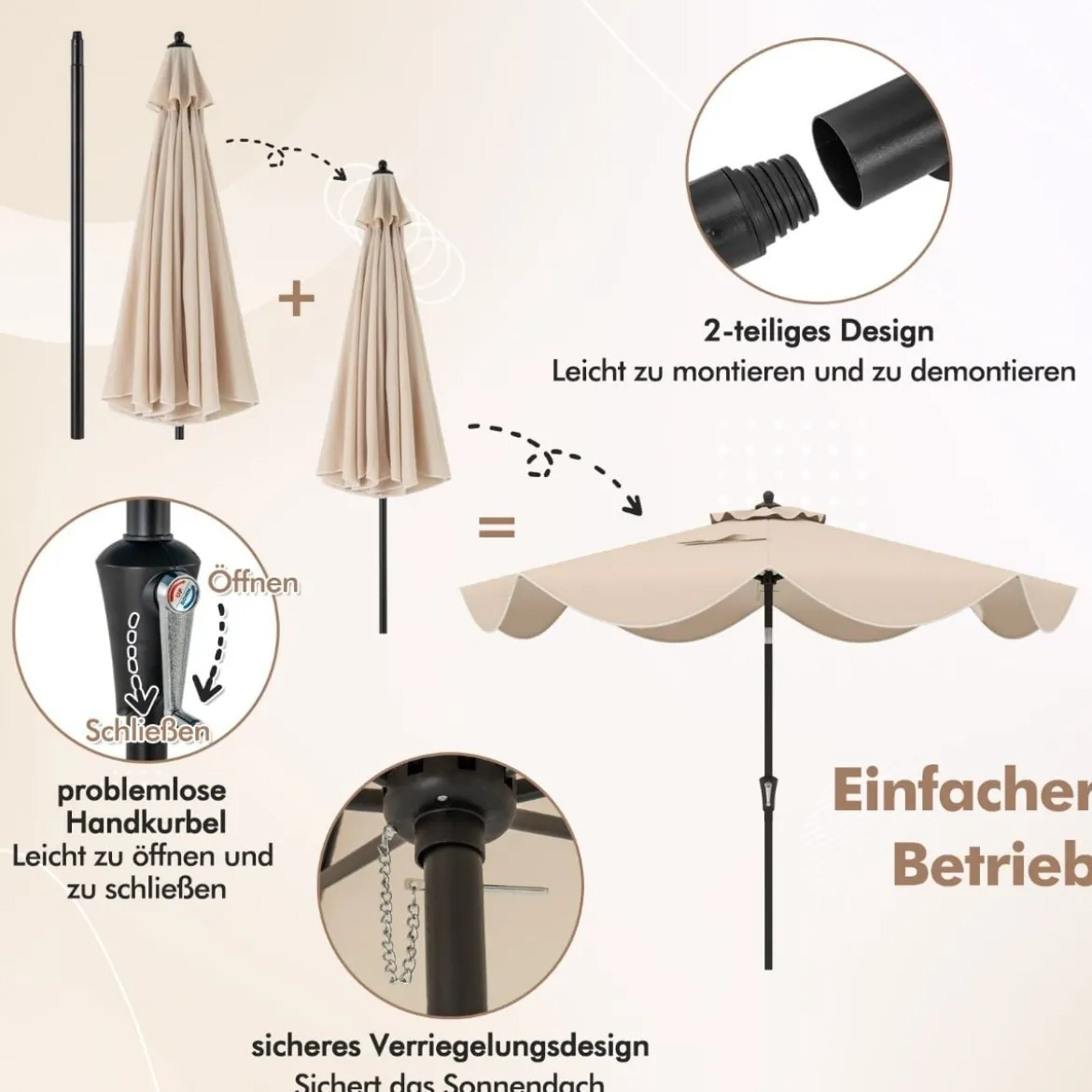 Terrassenschirm mit Kurbel Neigung per Druckknopf & Gerüschten Kanten Tischschirm Marineblau/Beige